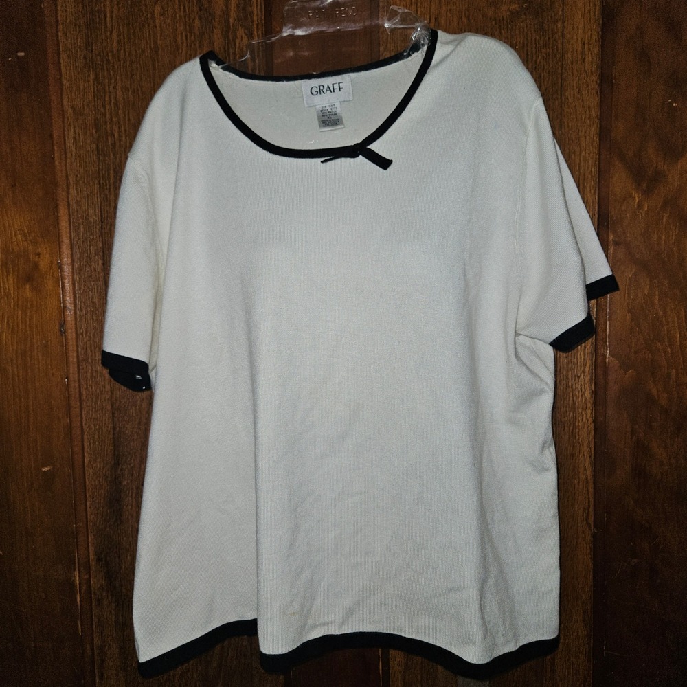 Graff Womens XL White Black Contrast Trim Bow Accent Short Sleeve Knit Top Shirt